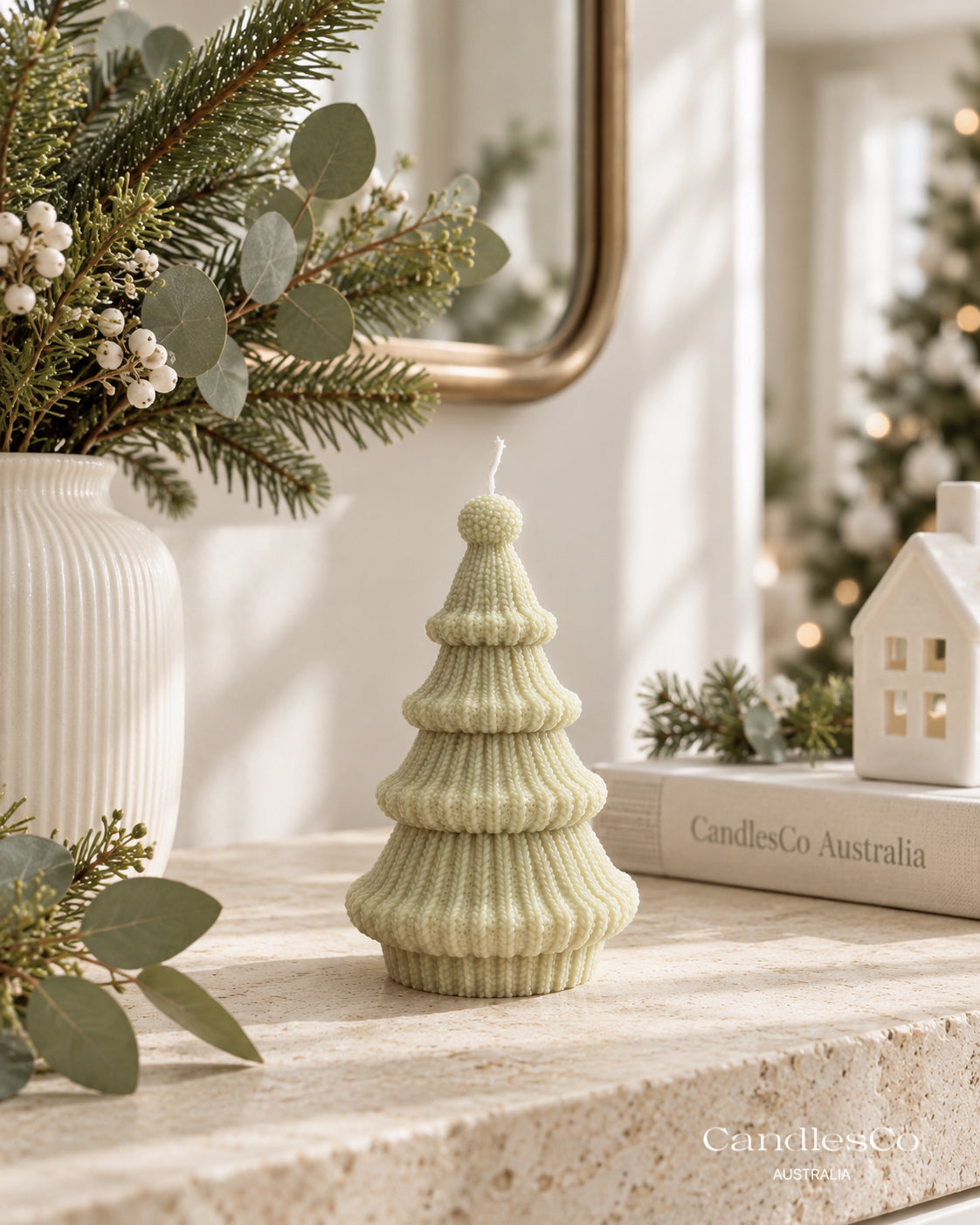Knitted Christmas Tree Candle – Handmade Unscented Soy Wax Candle