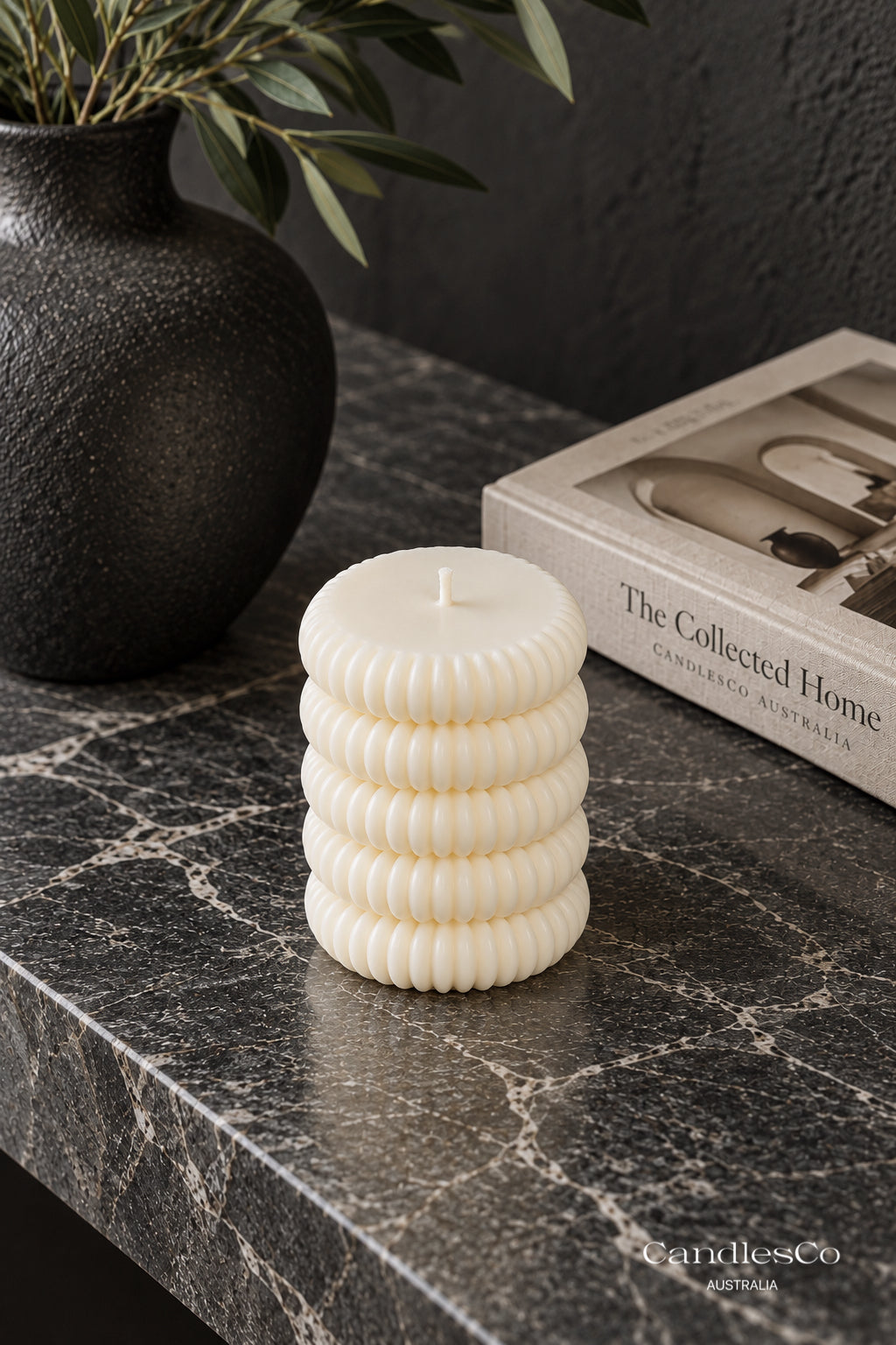Stacked Ribbed Bubble Pillar Candle – Handmade Sculptural Soy Candle