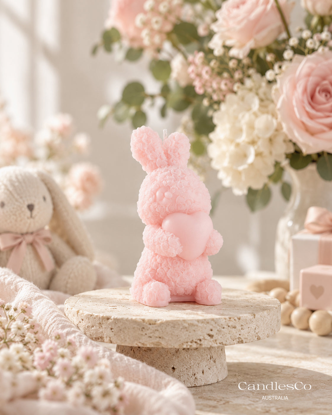 Floral Bunny Holding Heart Candle – Handmade Unscented Soy Wax Rabbit Candle | Baby Shower Favours & Cute Gift