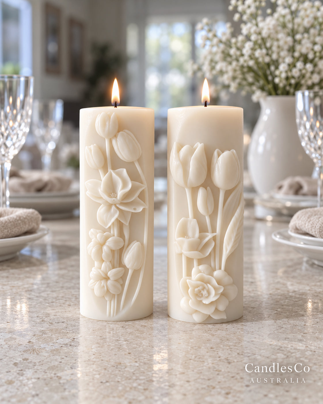Tulip Flower Pillar Candle – Handmade Unscented Soy Wax Candle
