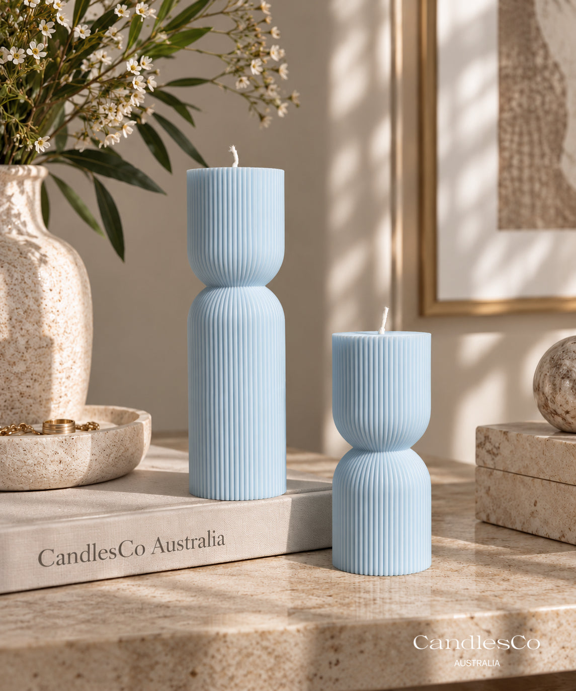 Hourglass Ribbed Pillar Candle – Handmade Unscented Soy Wax Candle | Modern Wedding & Home Décor