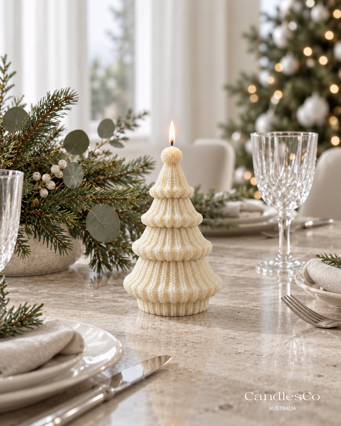 Knitted Christmas Tree Candle – Handmade Unscented Soy Wax Candle