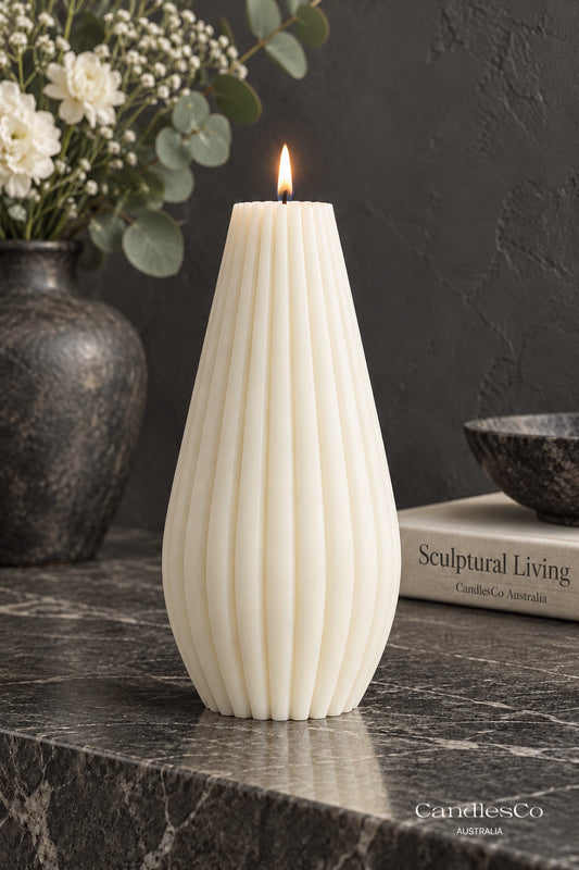 Tall Fluted Teardrop Candle – Handmade Ribbed Sculptural Soy Candle
