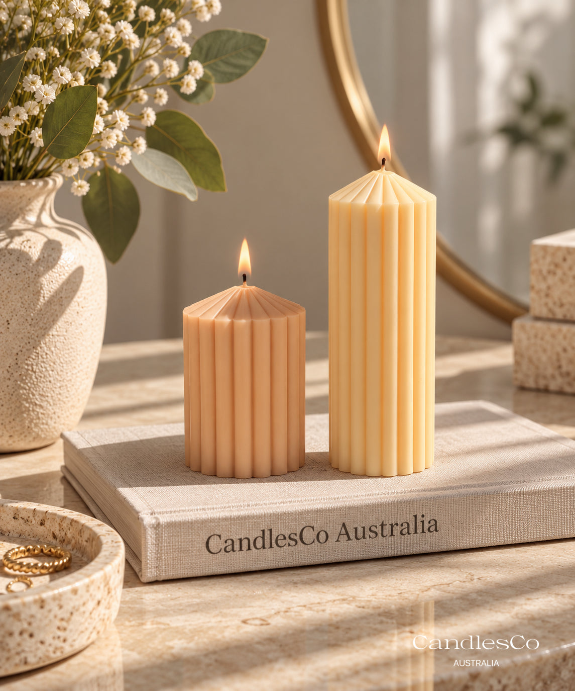 Small Pointed Ribbed Pillar Candle – Handmade Unscented Soy Wax Candle | Modern Geometric Home Décor