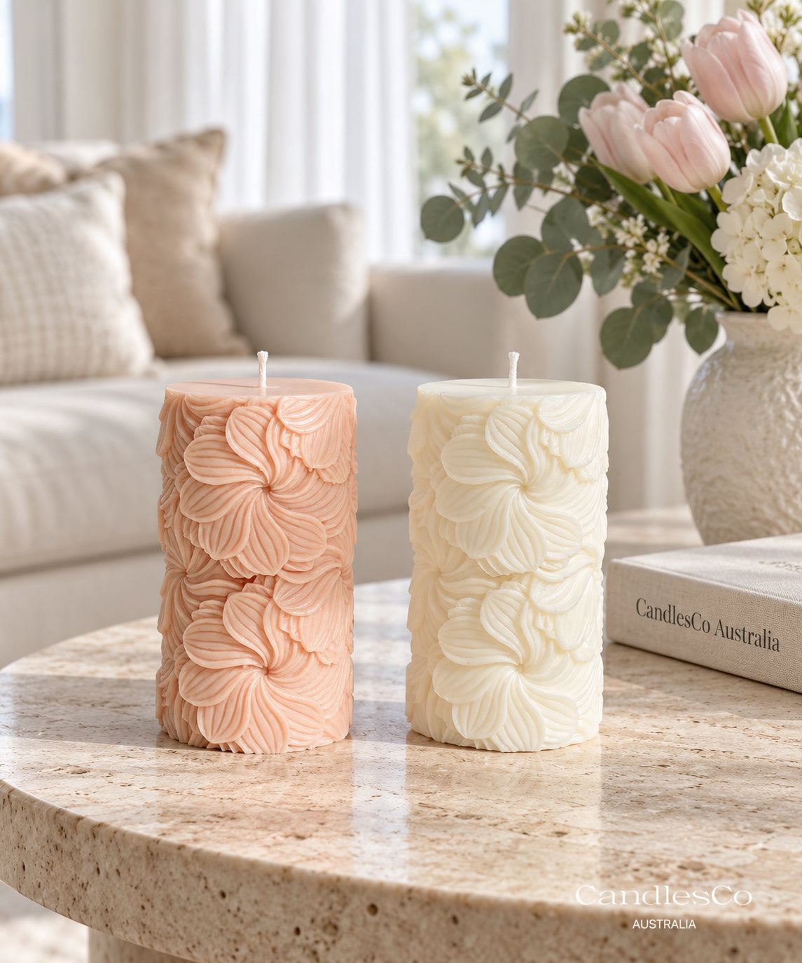Floral Blossom Pillar Candle – Handmade Sculptural Soy Candle