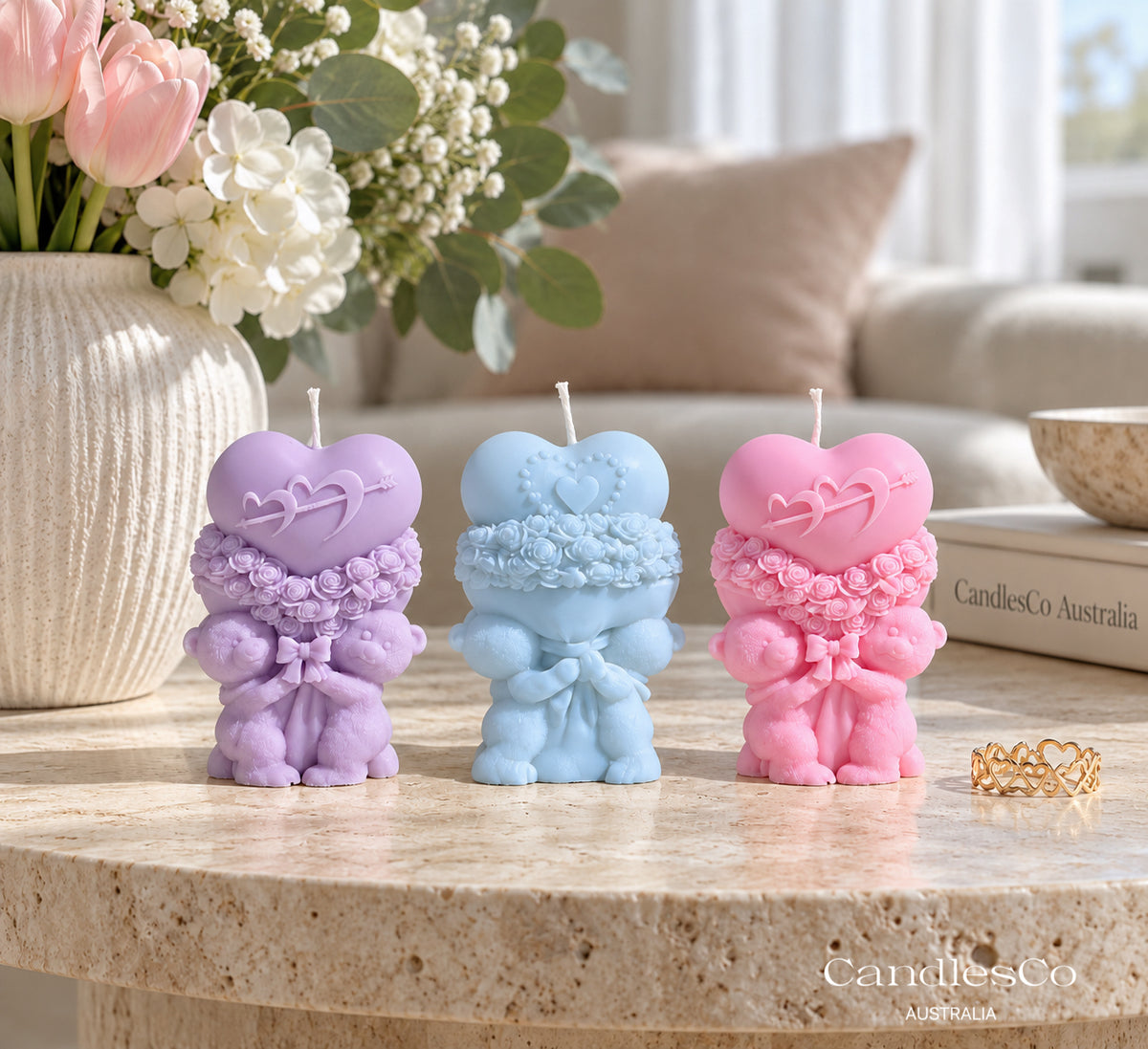 Teddy Bear Heart Bouquet Candle – Handmade Unscented Soy Candle | Romantic Love Gift & Valentine’s Day Décor