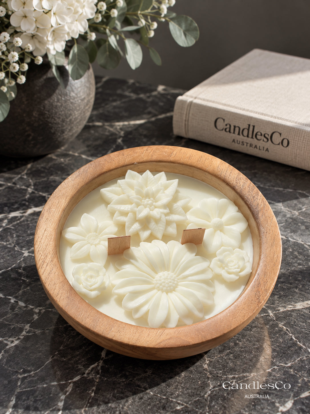 Floral Wooden Bowl Candle – Handmade Scented Soy Wax Candle | Botanical Flower Candle