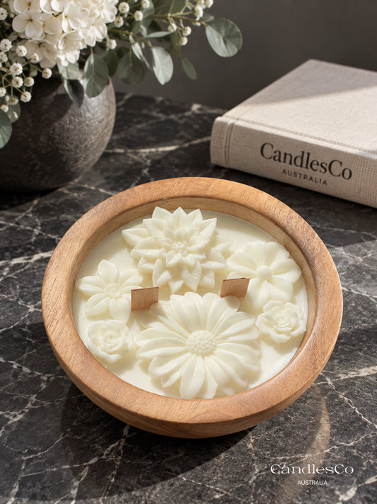 Floral Wooden Bowl Candle – Handmade Scented Soy Wax Candle | Botanical Flower Candle