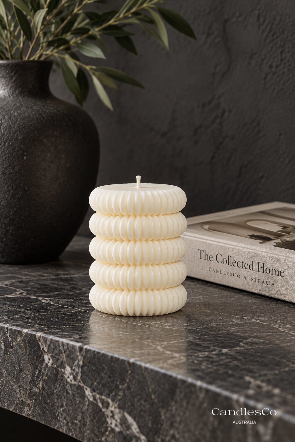 Stacked Ribbed Bubble Pillar Candle – Handmade Sculptural Soy Candle