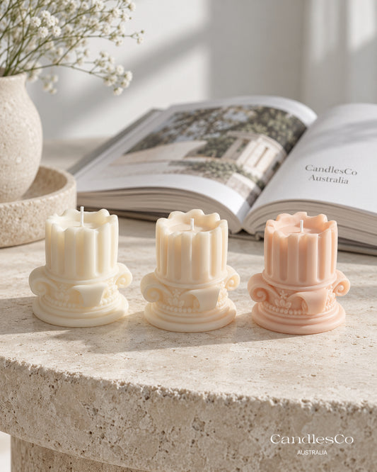 Vintage Ornate Pillar Candle – Handmade Unscented Soy Wax Candle | Decorative Baroque Candle