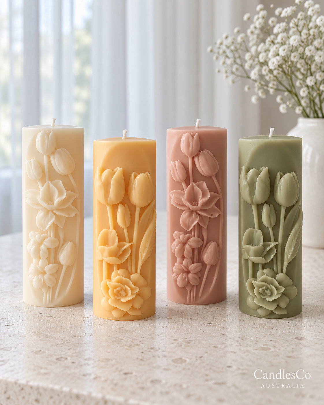 Tulip Flower Pillar Candle – Handmade Unscented Soy Wax Candle