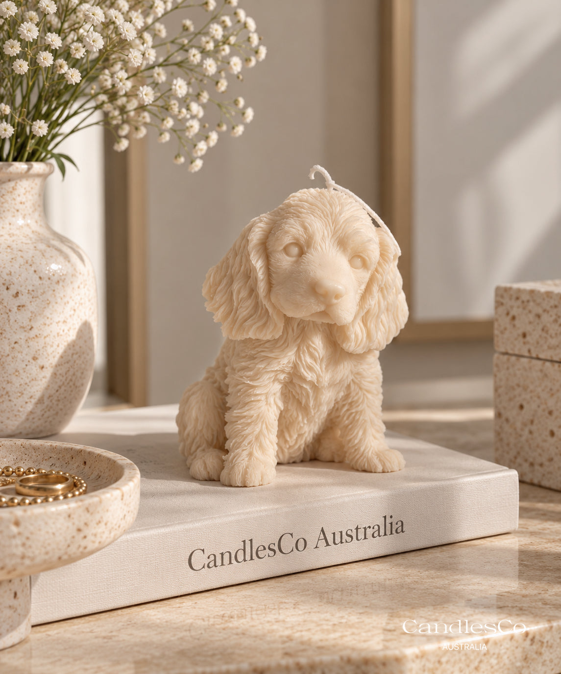 Cute Sitting Puppy Candle – Handmade Unscented Soy Wax Dog Candle | Spaniel Puppy & Pet Lover Gift
