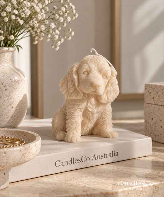 Cute Sitting Puppy Candle – Handmade Unscented Soy Wax Dog Candle | Spaniel Puppy & Pet Lover Gift