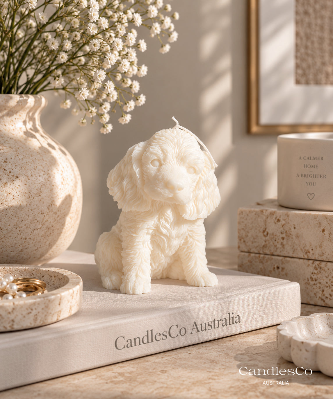 Cute Sitting Puppy Candle – Handmade Unscented Soy Wax Dog Candle | Spaniel Puppy & Pet Lover Gift