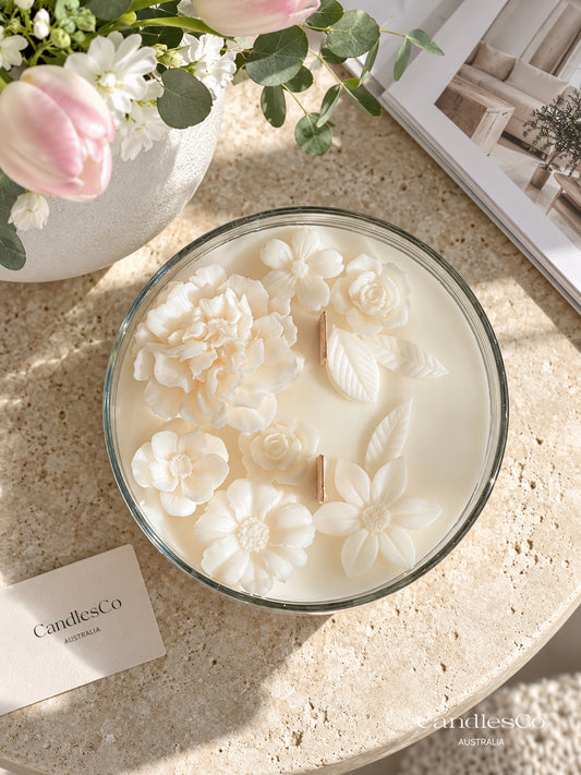 Floral Glass Bowl Candle – Handmade Double Wood Wick Scented Soy Candle | Luxury Flower Candle & Home Décor