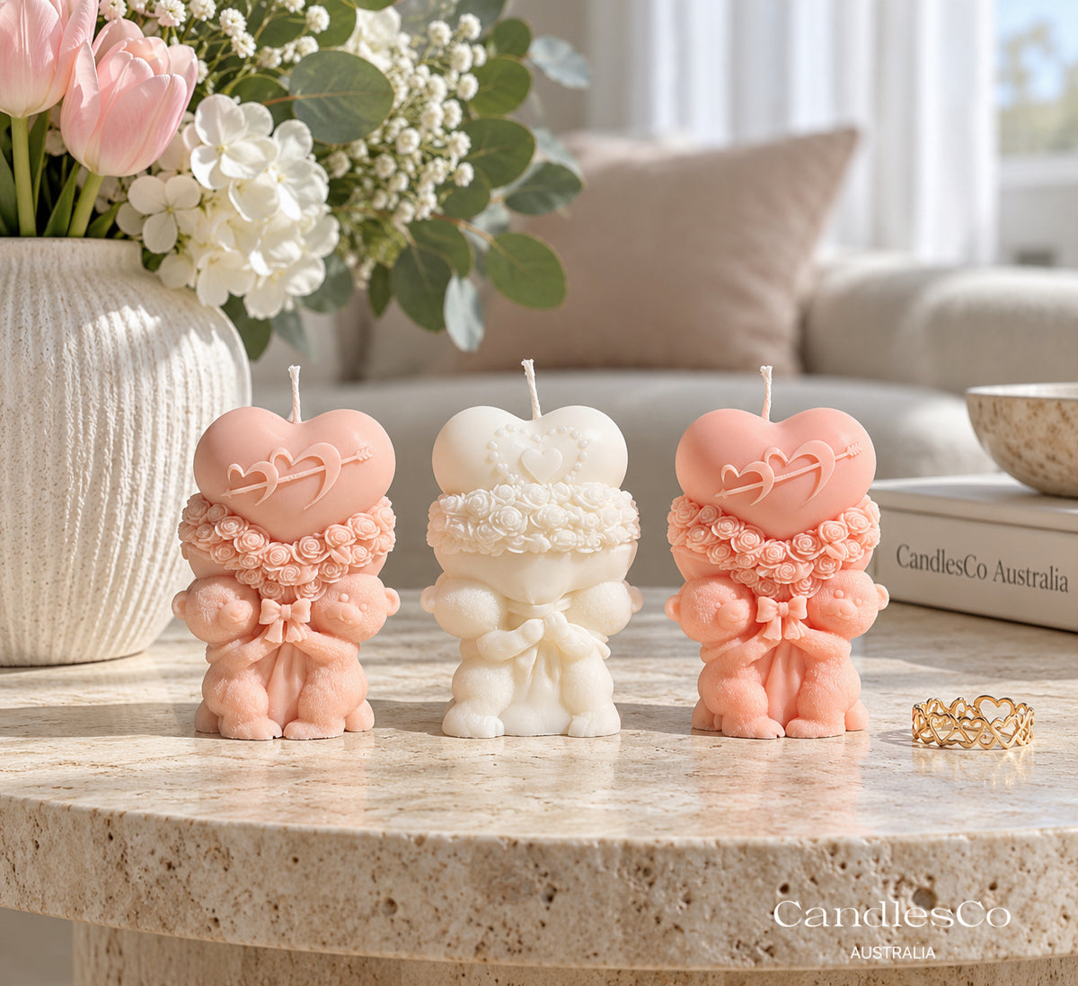 Teddy Bear Heart Bouquet Candle – Handmade Unscented Soy Candle | Romantic Love Gift & Valentine’s Day Décor