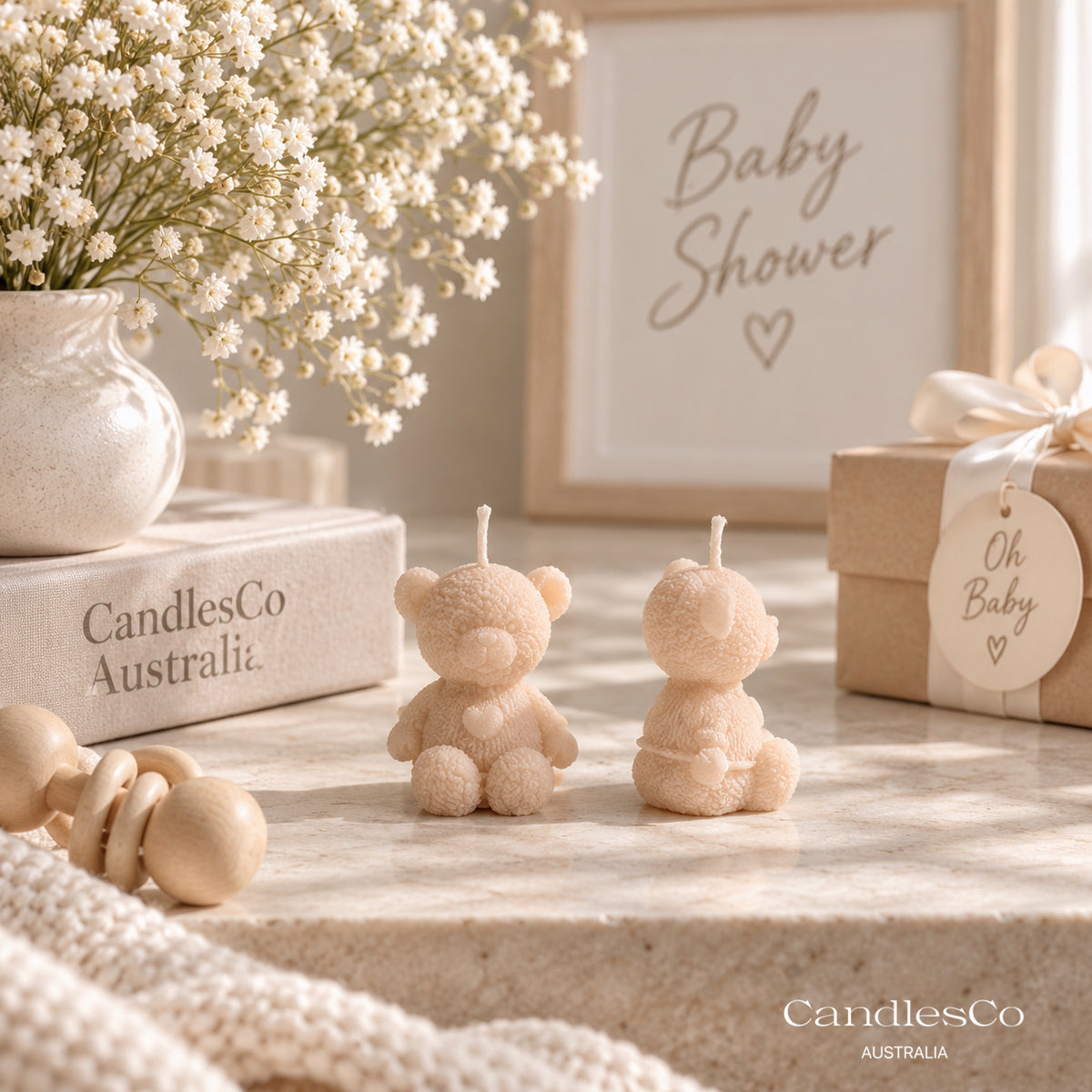 Mini Teddy Bear with Heart Candle – Handmade Unscented Soy Wax Candle | Baby Shower Favours & Cute Teddy Gift