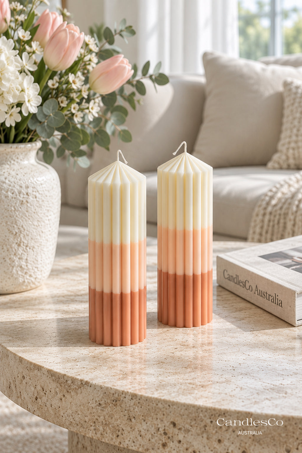 Ombre Pointed Ribbed Pillar Candle – Handmade Geometric Soy Candle