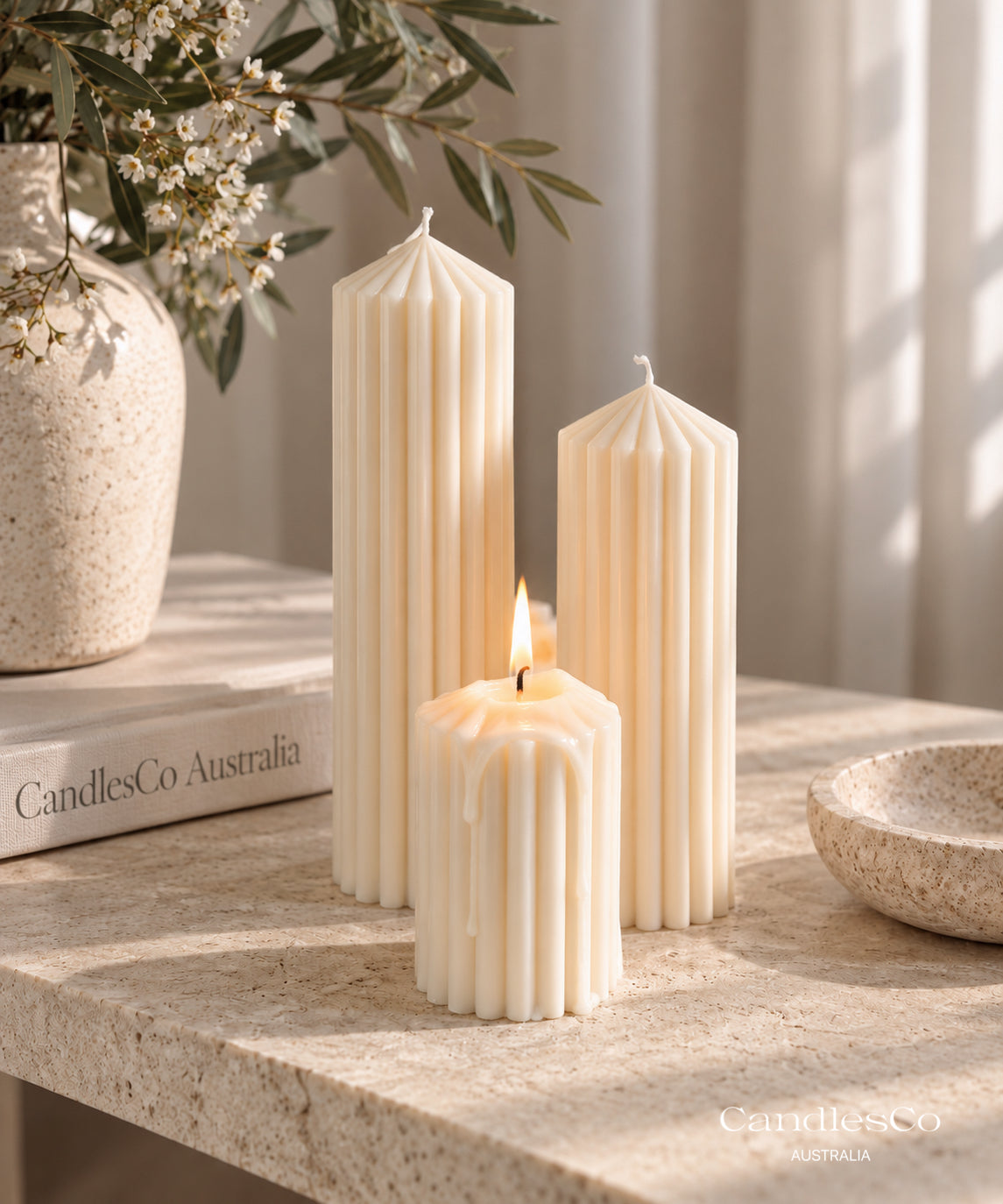 Ribbed Pillar Candle – Handmade Unscented Soy Wax Candle | Small, Medium & Tall Sculptural Candle