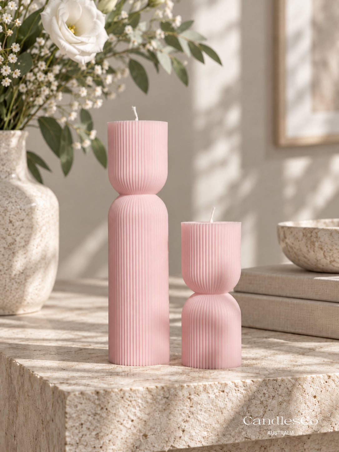 Hourglass Ribbed Pillar Candle – Handmade Unscented Soy Wax Candle | Modern Wedding & Home Décor
