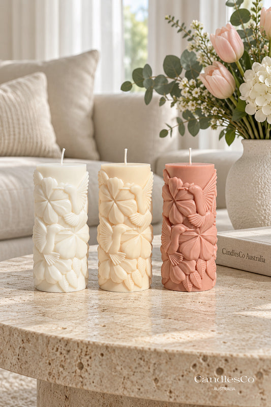 Hummingbird Floral Pillar Candle – Handmade Botanical Soy Candle