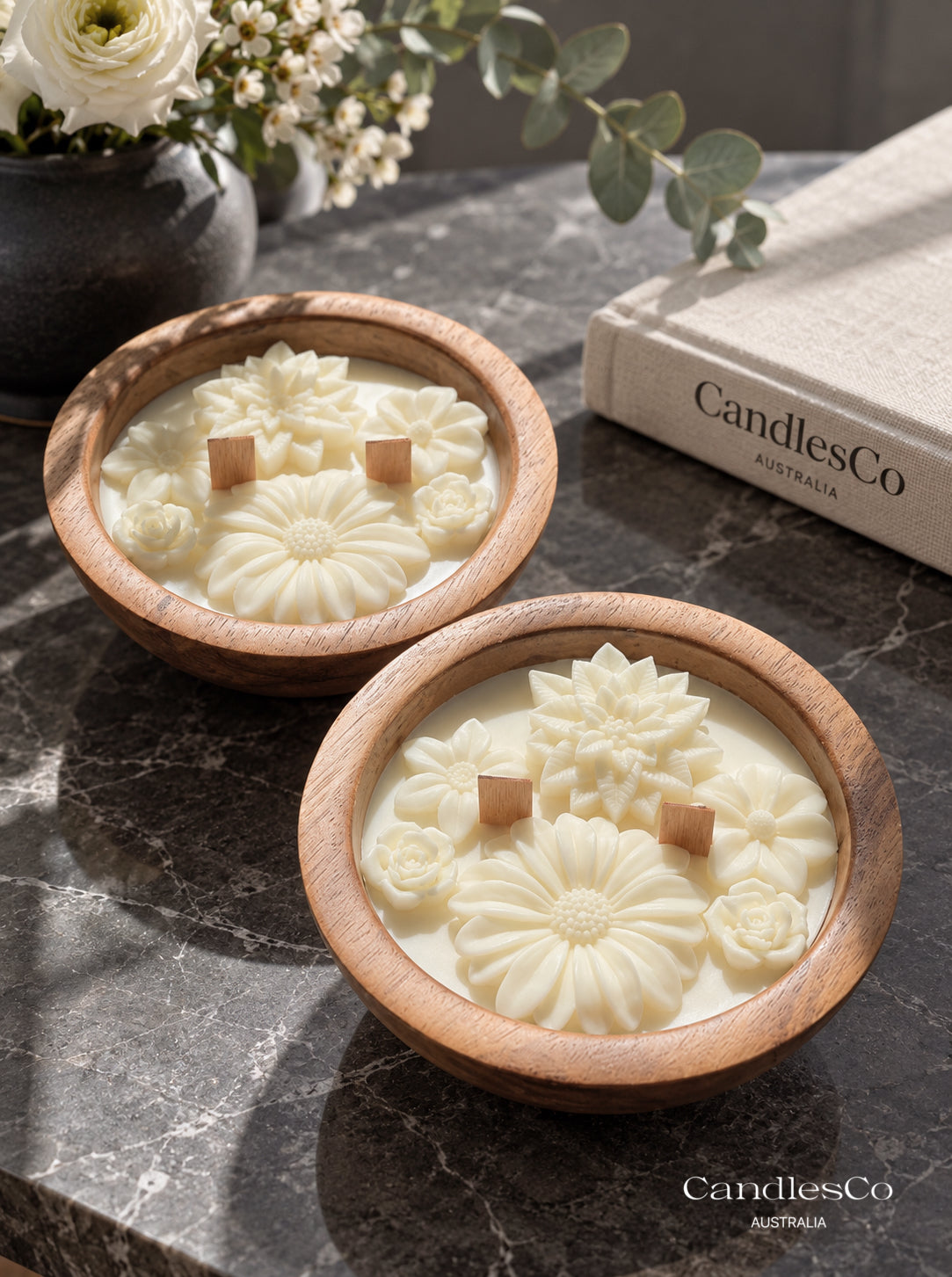 Floral Wooden Bowl Candle – Handmade Scented Soy Wax Candle | Botanical Flower Candle