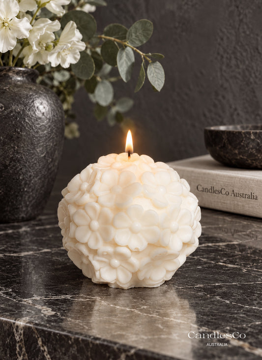 Daisy Flower Sphere Candle – Handmade Floral Soy Candle | Modern Botanical Home Décor