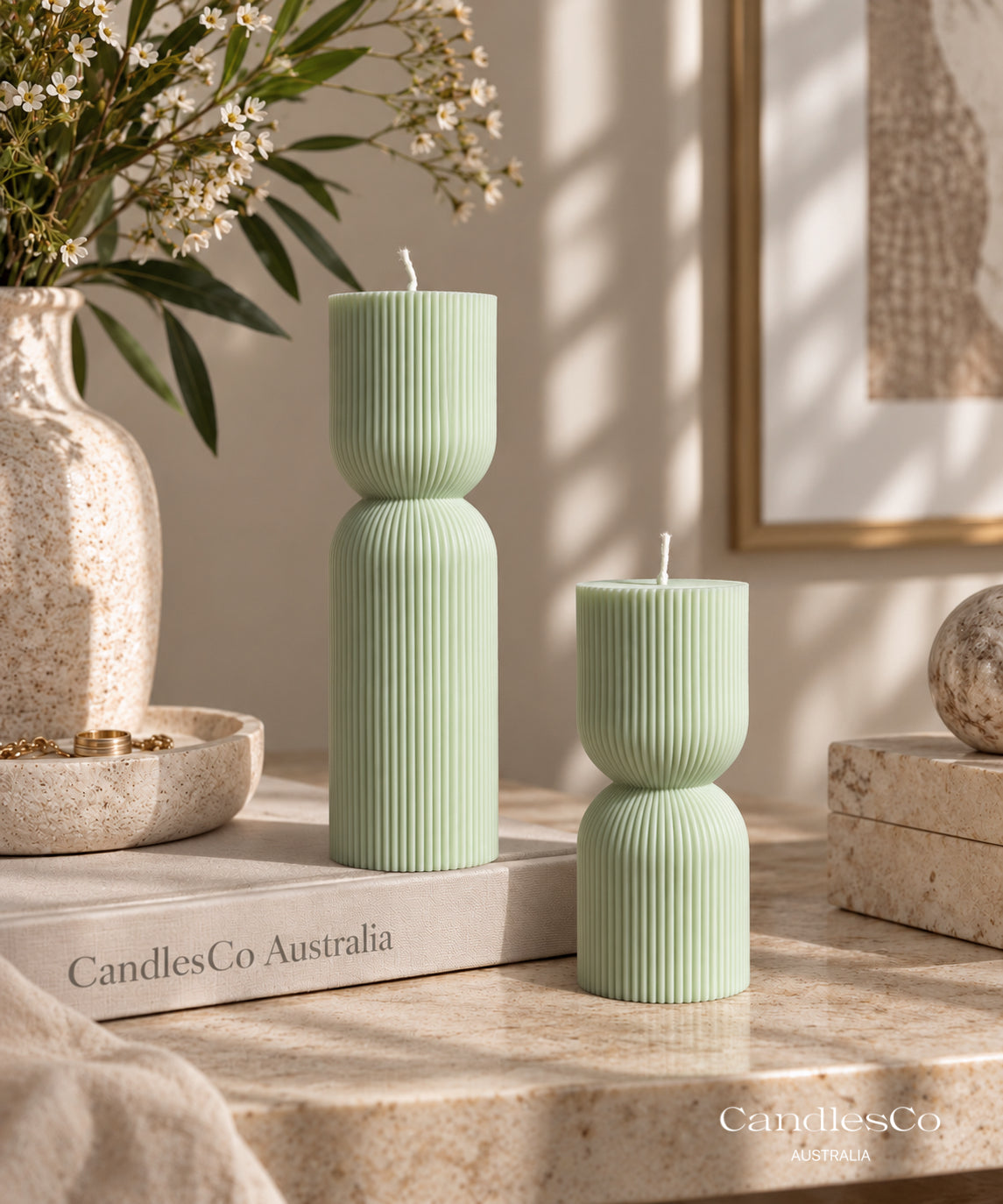 Hourglass Ribbed Pillar Candle – Handmade Unscented Soy Wax Candle | Modern Wedding & Home Décor
